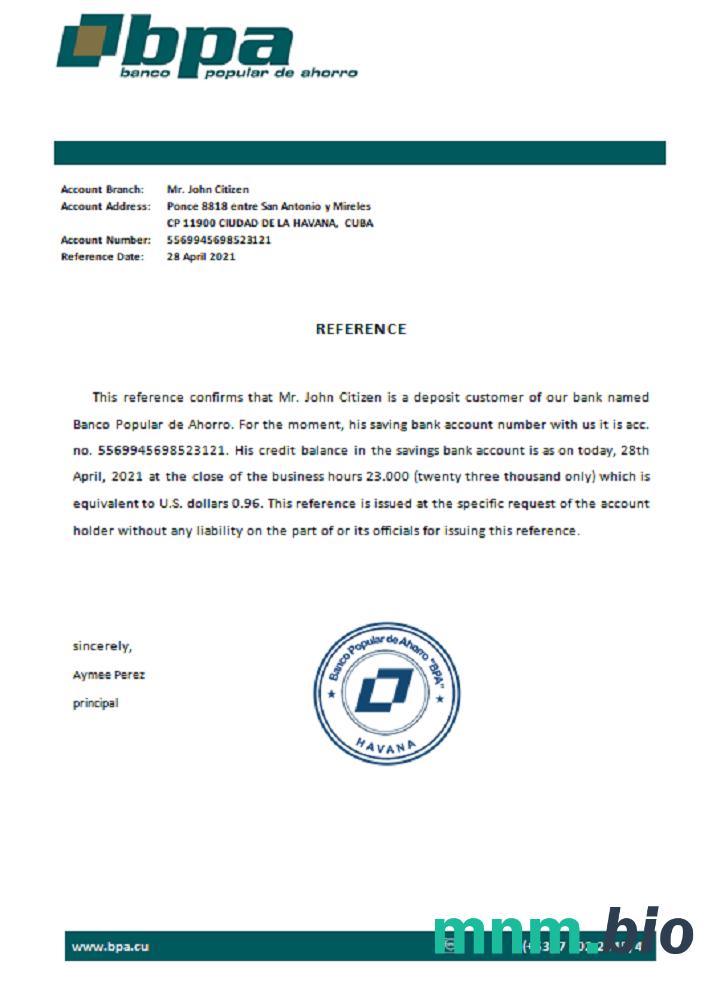 Przykład odniesienia Cuba Banco Popular De Ahorro w formatach Word i PDF